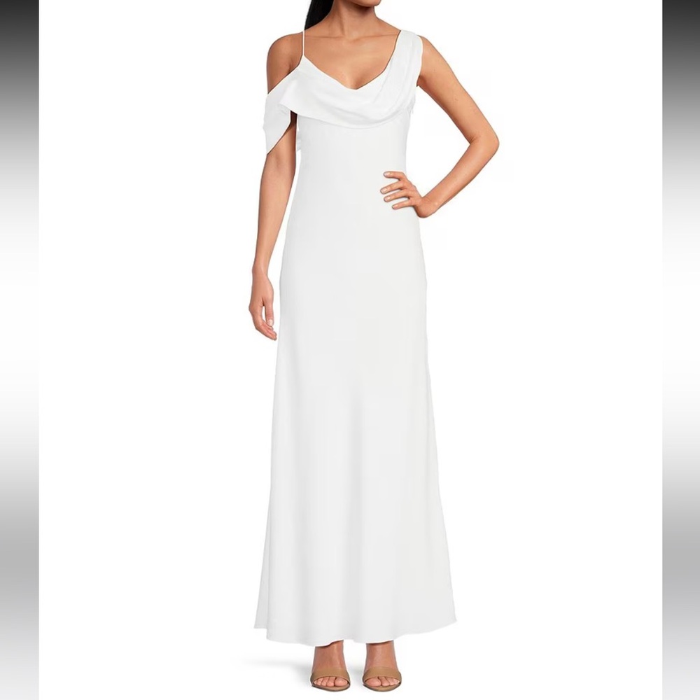 Gianni Bini Maeve Satin Asymmetrical Neck A-Line Dress - White